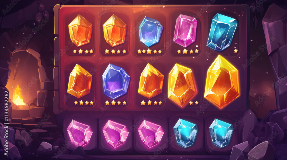Poster diamond game menu, gamer ui panel with buttons, pink cartoon crystal interface with gui elements. be
