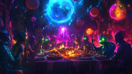 Obraz premium Aliens with vibrant glowing skin gathered around a cosmic Christmas feast