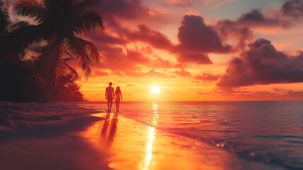 Beautiful sunset beach scene with love and romance for a wedding or honeymoon party backdrop