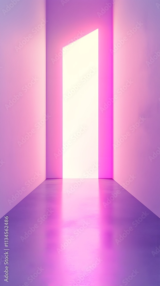 Poster a glowing doorway in a minimalist space, creating an inviting and surreal atmosphere.