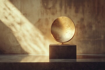 Gold trophy catching dramatic sunlight on sleek pedestal, rim lighting with soft fill, ultra-detailed metal textures, with copy space