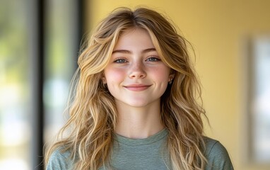 Fototapeta premium Beauty girl smiling and wearing a t-shirt in studio color background