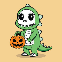 Cute dino with skeleton costume holding halloween pumpkin cartoon vector illustration