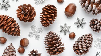 Pine Cones and Nuts on a White Background for Seasonal Decor