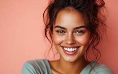 Naklejka premium Beauty girl smiling and wearing a t-shirt in studio color background