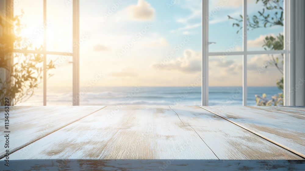 Poster serene tropical beach view from an open window with a white wooden table for product display