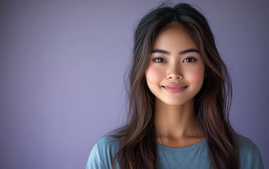 Fototapeta premium Asian woman smiling and wearing a t-shirt in studio color background