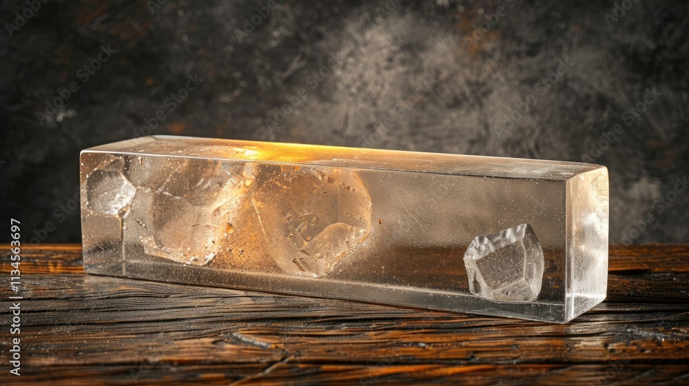 Poster a clear ice block with embedded fragments, illuminated against a textured background.