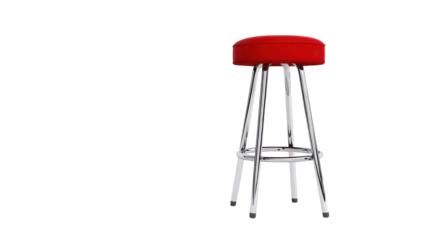 A modern red bar stool with a chrome base positioned against a transparent background.