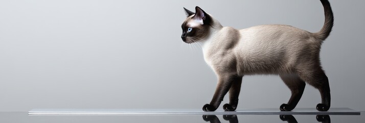 A standing Siamese cat, short-haired with an arched back and focused gaze, isolated on a reflective silver platform