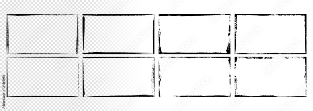 Poster vector illustration. set of 8 horizontal panoramic frames in grunge style. dirty borders collection 