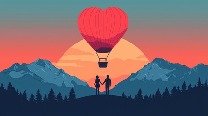 Fototapeta premium Couple in hot air balloon at sunset a romantic escape