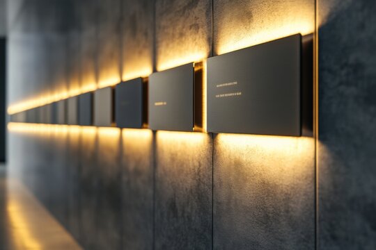 Modern office award wall with spotlit plaques and achievement certificates, dramatic accent lighting, architectural detail, with copy space