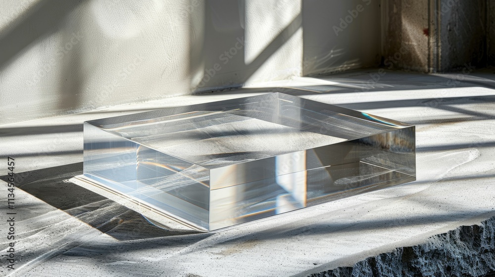 Aufkleber a clear rectangular block of acrylic resting on a textured surface with soft shadows.