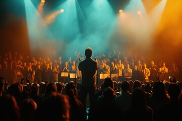 Musical performance receiving standing ovation, stage lighting with audience, performance capture, with copy space