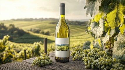 Fototapeta premium White Wine Bottle Vineyard Landscape Grapes Rustic Setting
