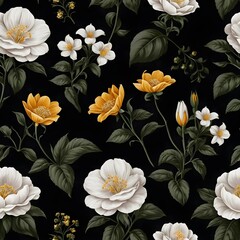 A black and white floral background with flowers and leaves