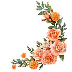 Beautiful Floral Arrangement with Orange Roses, Marigolds, and Green Leaves on a Dark Background for Invitations, Cards, or Decorative Art Projects