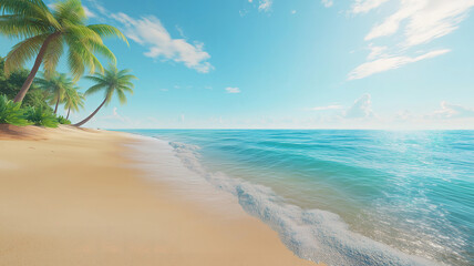 Tropical Hawaiian beach with waves on golden sand, palm trees, and a pure natural landscape
