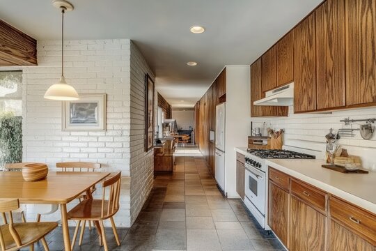 Modern Kitchen Interior with Wooden Cabinets and Warm Lighting, Featuring Dining Table, Gas Stove, and Open Layout Inviting Natural Light and Cozy Atmosphere