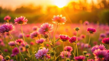 Fototapeta premium Sunlit pink flowers blooming in a meadow during golden hour, wildflowers, vibrant, pastel, sun rays, nature, meadow