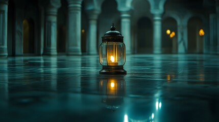 Illuminated lantern glows on a reflective floor in a dimly lit hall with columns and arches.