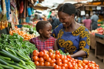Joyful Mother and Daughter Shopping Together at a Vibrant Local Market Surrounded by Fresh Vegetables and Fruits, Capturing Moments of Happiness and Connection