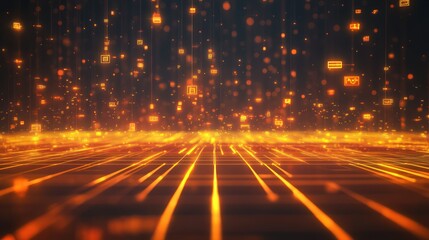 A futuristic digital grid with lines of bright orange and yellow light, representing the flow of information. 