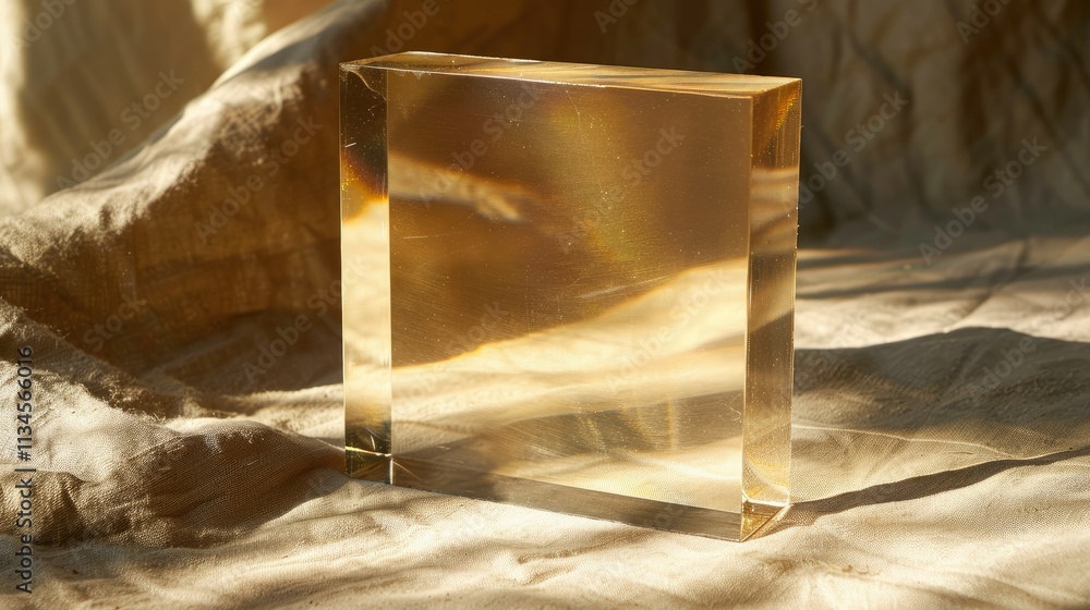 Poster a clear, rectangular block of resin illuminated by soft light on a textured fabric background.