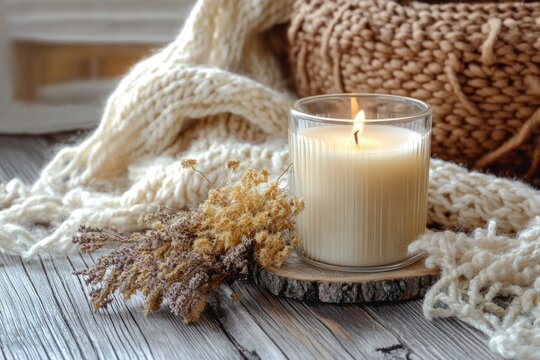 Cozy Home Decor with a Lit Candle Surrounded by Soft Knitted Blanket and Natural Dried Flowers on Rustic Wooden Surface for Relaxation Atmosphere