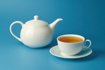 Elegant White Teapot with Tea Cup and Saucer Against a Vibrant Blue Background, Perfect for Tranquil Moments and Tea-Time Depictions