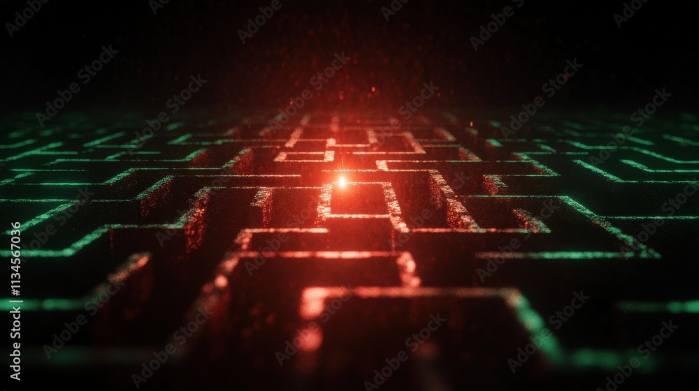 Poster a glowing maze with red and green lights, creating a futuristic and digital atmosphere.