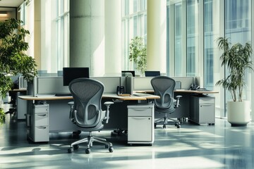Modern office interior featuring ergonomic chairs, desks, plants, and large windows creating a bright and inviting workspace atmosphere for productivity and collaboration