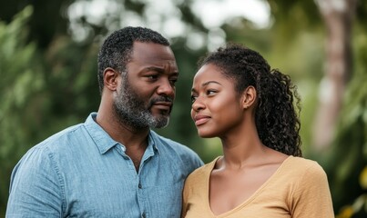 Fototapeta premium Affectionate father and daughter outdoors, looking away.