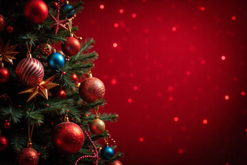 Christmas tree with ornaments on red background