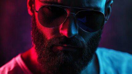 Fototapeta premium Neon Light Studio Close-Up Portrait of a Serious Man Modeled Elegantly