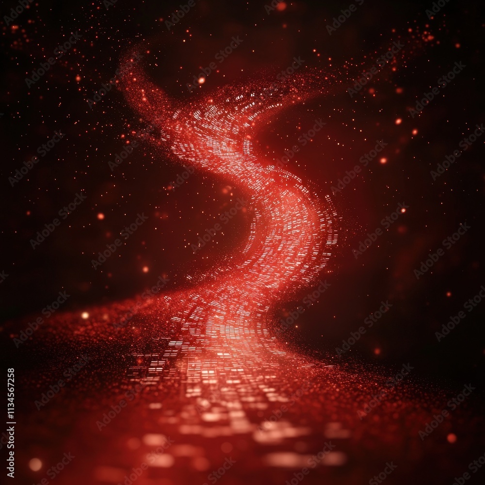 Poster a vibrant, swirling path of red particles against a dark backdrop, creating a dynamic and abstract d