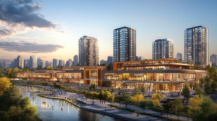 exterior of office buildings and street scene in the core business district of a bustling city, modern urban architecture near the river.