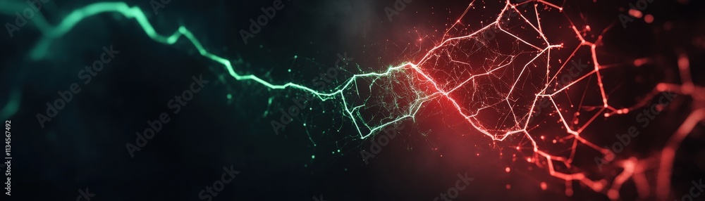 Poster a vibrant digital abstract image featuring interconnected lines in green and red against a dark back