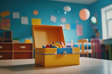 Reward treasure box in classroom being opened, classroom lighting, excitement capture, with copy space
