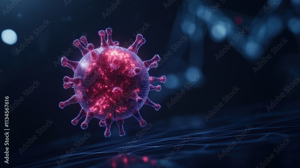 Poster a detailed rendering of a virus, showcasing its structure with vibrant colors against a dark backgro