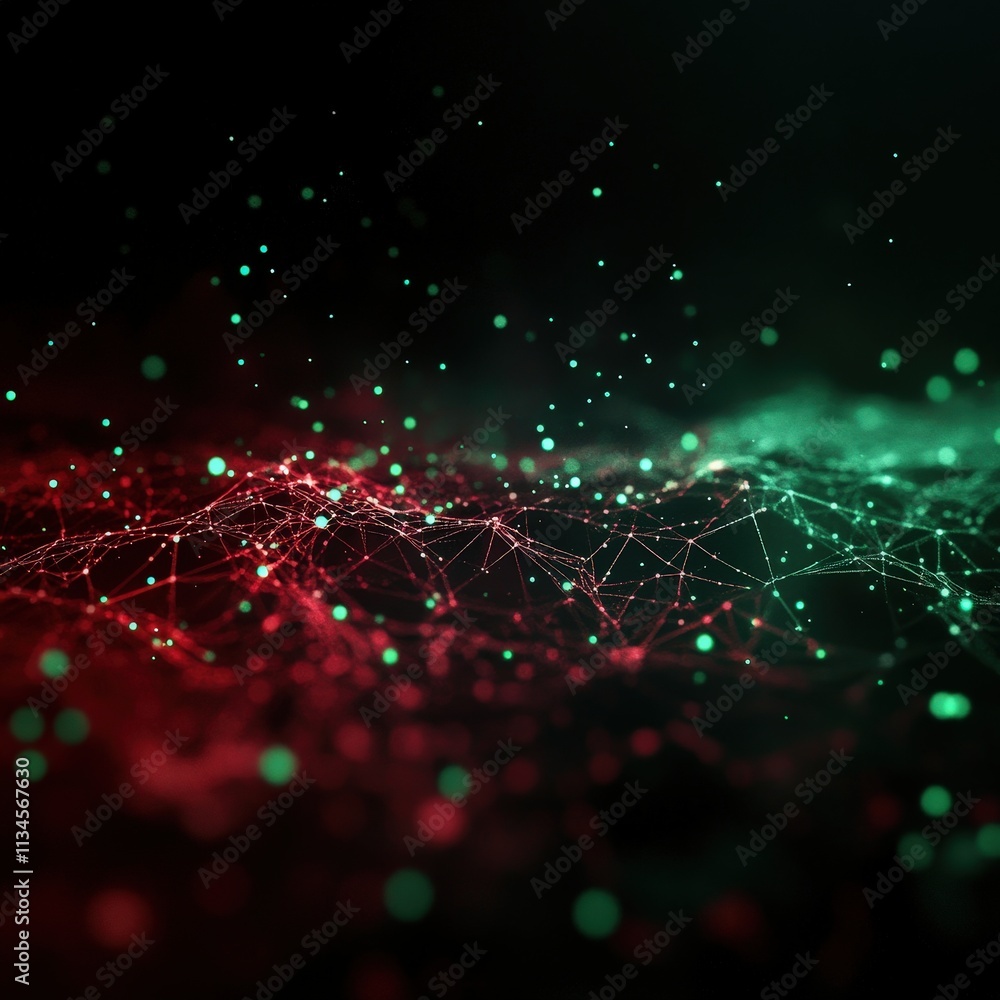 Poster abstract digital landscape featuring interconnected dots and lines illuminated in red and green hues