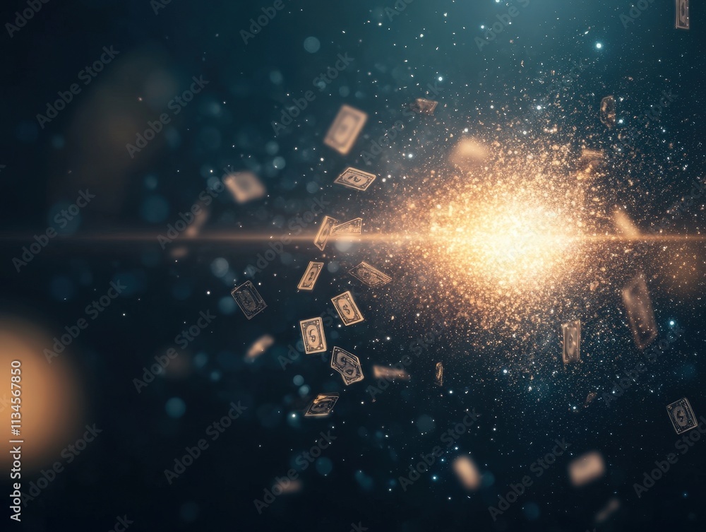 Poster a dynamic explosion of light with scattered particles, creating an ethereal atmosphere reminiscent o
