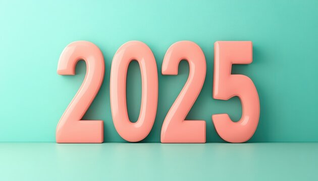 Peach colored numerals two zero two five against a teal background
