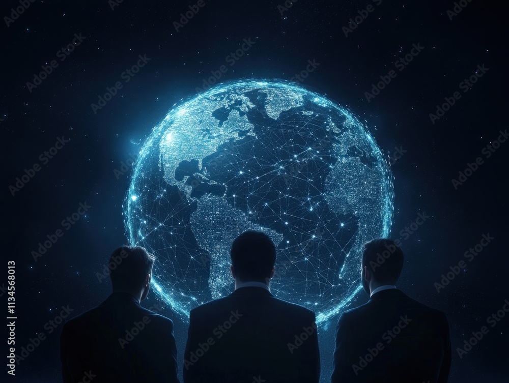 Poster three figures in suits gaze at a digitally rendered globe, symbolizing global connection and technol