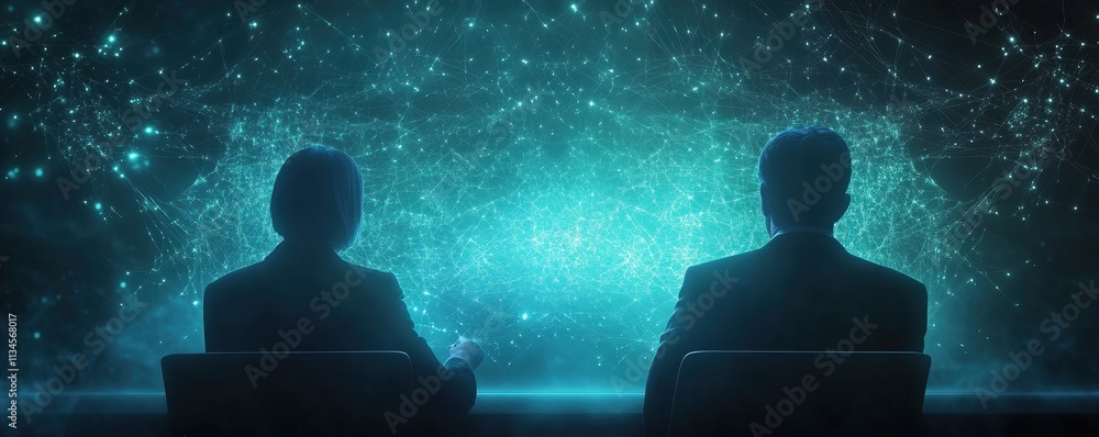 Poster two silhouettes sit in front of a glowing cosmic backdrop, creating a sense of wonder and exploratio