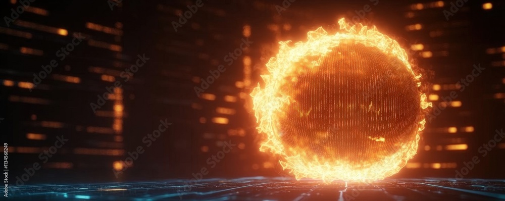 Poster a glowing sun-like sphere emits bright light in a digital environment, surrounded by abstract patter