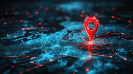 A glossy red location pin on a modern, digital world map, with dynamic, glowing lines connecting to the destination point. 