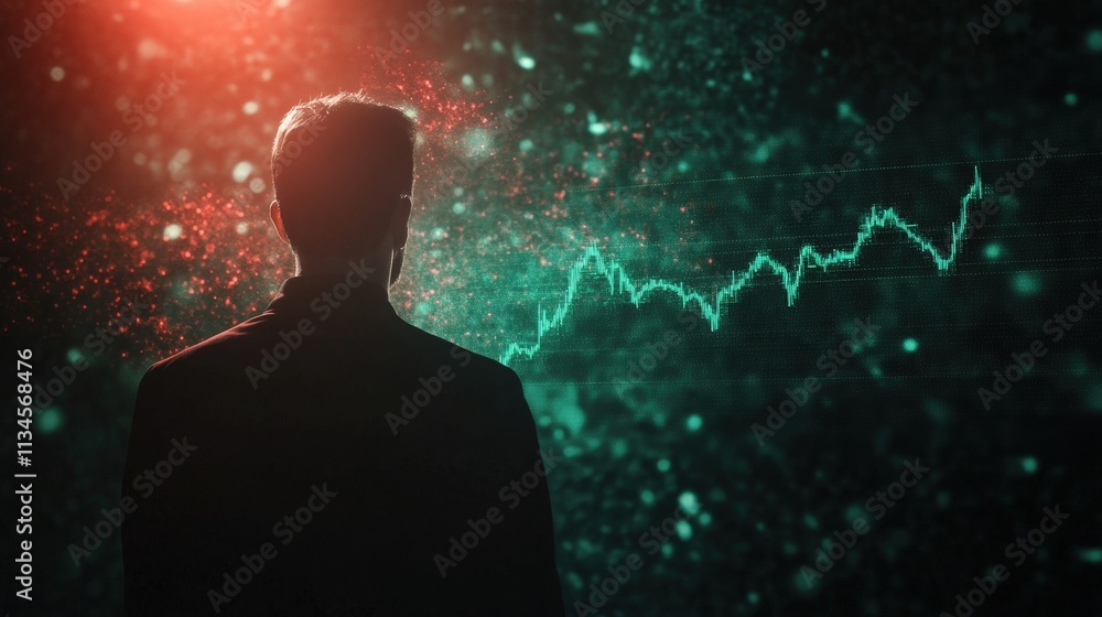 Poster a silhouette of a person against a colorful, abstract background featuring a fluctuating line graph,