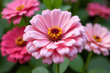 pastel colored zinnias fill fall garden delicate pink